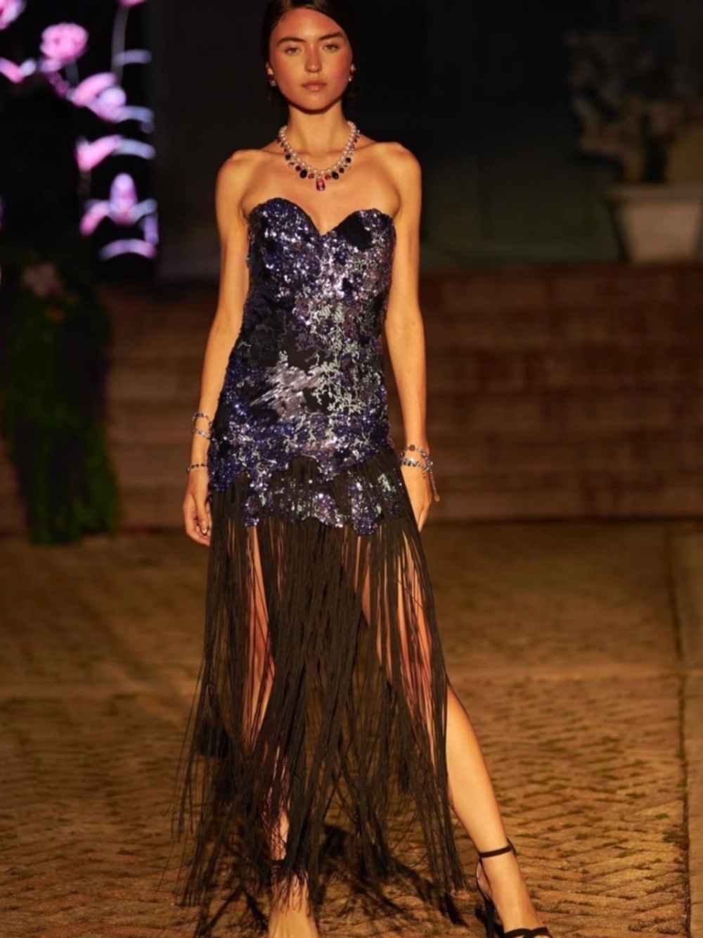 Violet Fringe Gown Sequined Bodice with Fringe Skirt